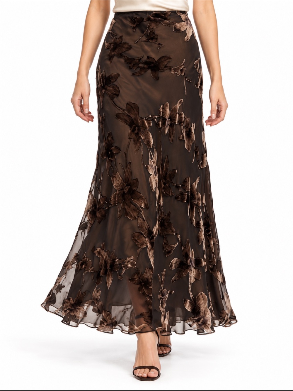 Joseph Ribkoff Brown Floral Burnout Sheer Maxi Skirt Velvet Appliqué 14 evening